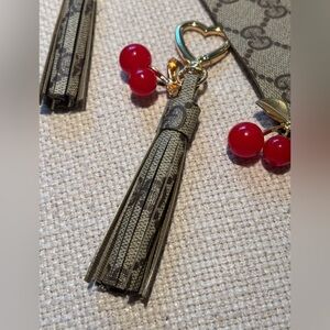 Upcycled Gucci Canvas Tassel Gold Keychain with Red Accents